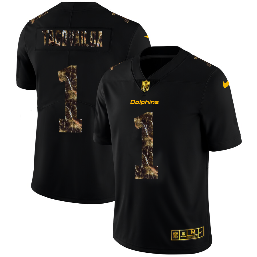 2020 Miami Dolphins 1 Tua Tagovailoa Men Black Nike Flocked Lightning Vapor Limited NFL Jersey